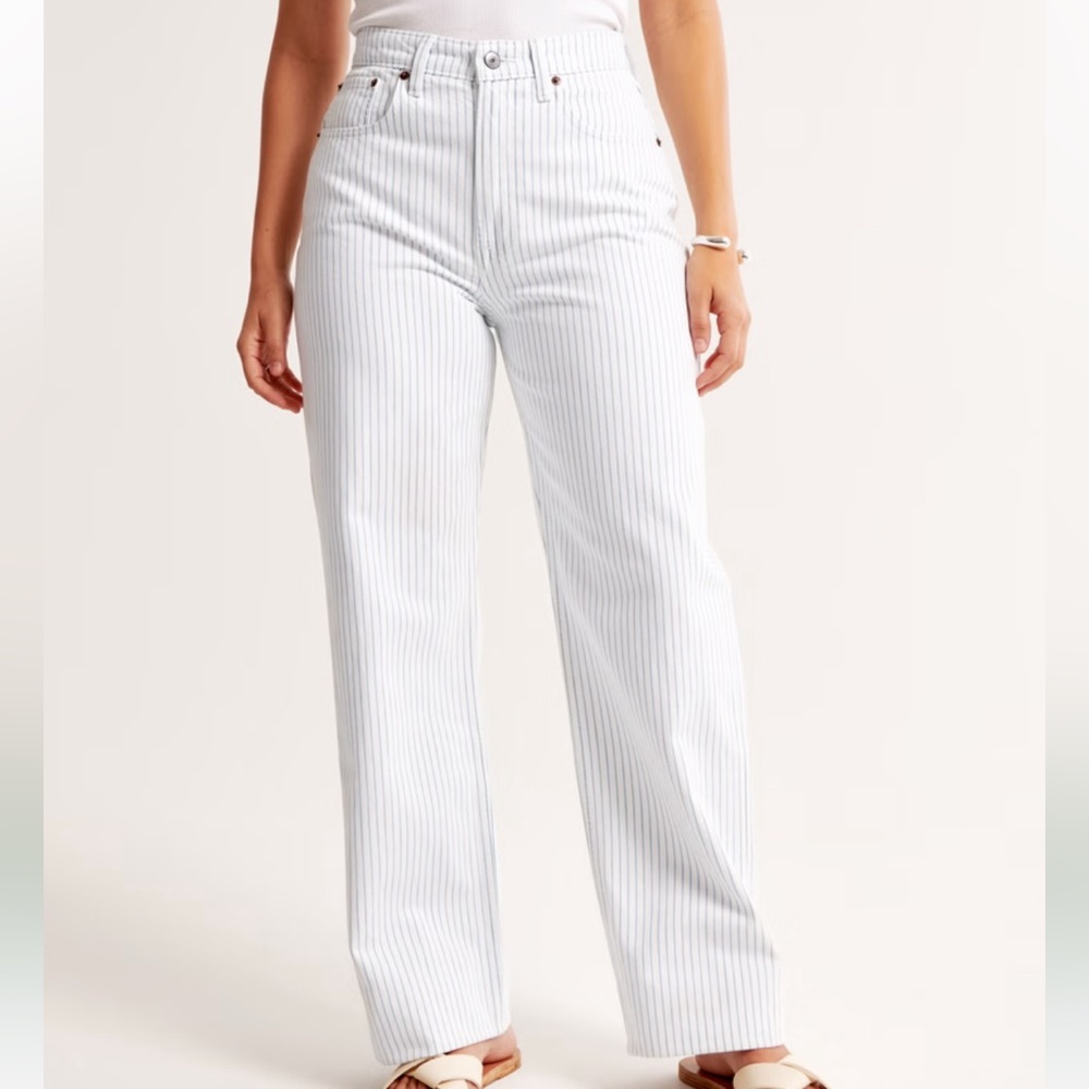 Abercrombie & Fitch Curve Love High Rise Loose Jean in White + Indigo Stripes